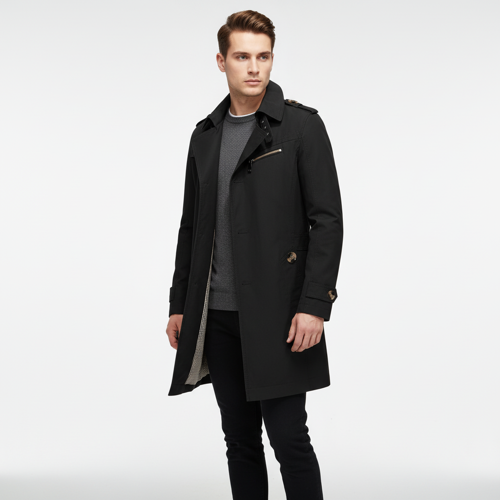 Herfst/winter heren trenchcoat. Gestructureerde lange jas met schoudervullingen voor een warme, klassieke look.