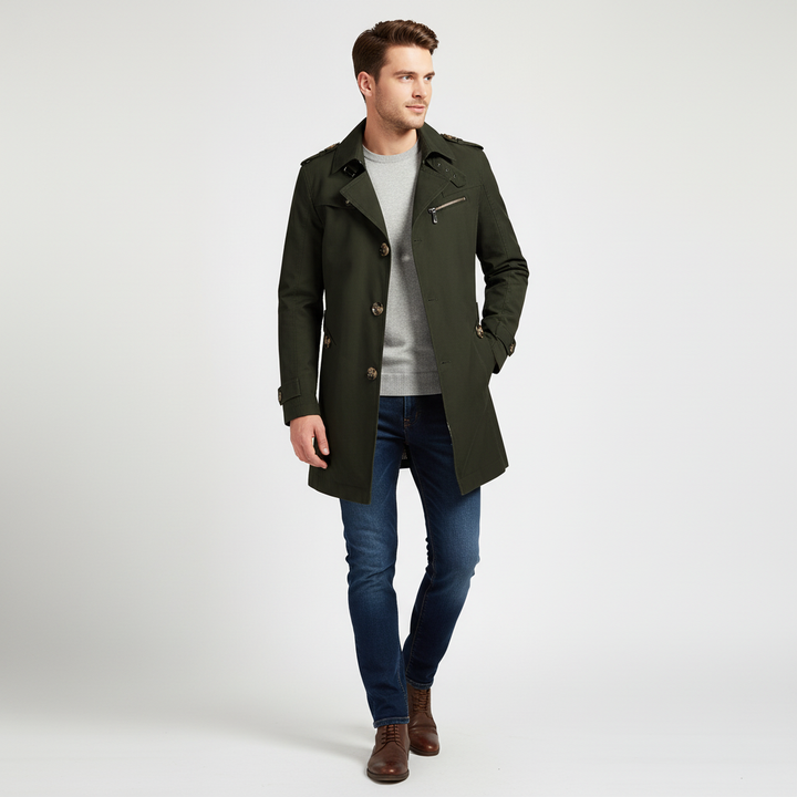 Veelzijdige gestructureerde heren trenchcoat met schoudervullingen. Stijlvolle lange jas voor zakelijk of casual.