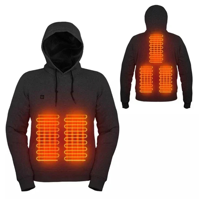 Achteraanzicht van de ThermaHoodie, een comfortabele verwarmde uniseks hoodie voor winter en buitensport.