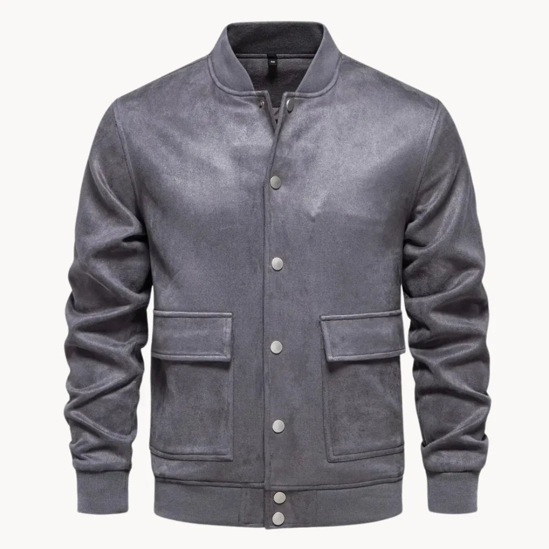 Heren bomberjack, zijzicht, met lange mouwen en een nette ronde hals. De perfecte casual bovenkleding voor mannen.