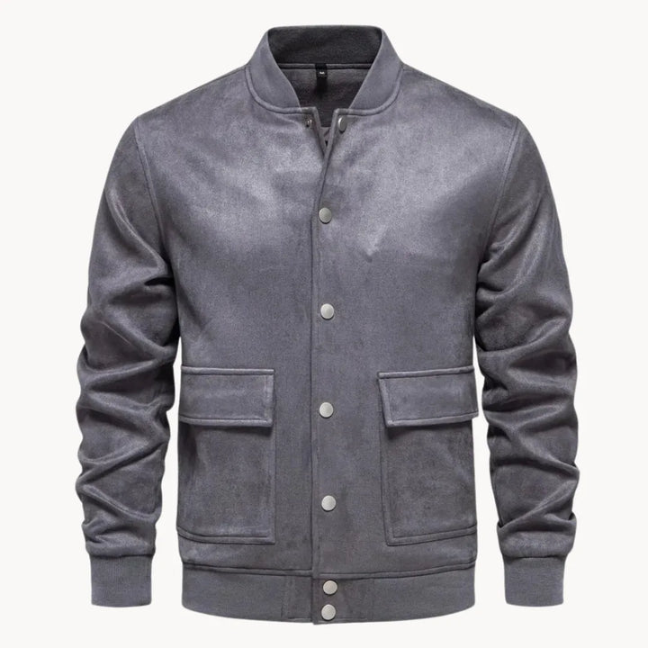 Heren bomberjack, zijzicht, met lange mouwen en een nette ronde hals. De perfecte casual bovenkleding voor mannen.