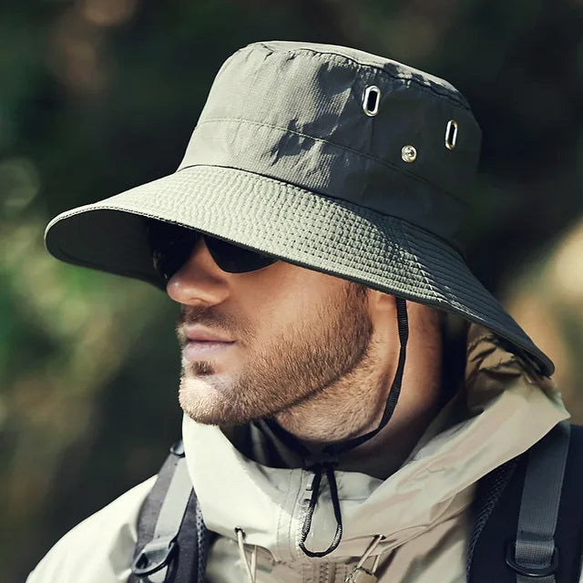 Comfortabele heren visserhoed voor vissen en wandelen, met brede rand voor optimale zon- en UV-bescherming.