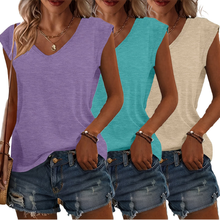Lente zomer dameskleding: 3-delige t-shirt set met elegante V-hals en mouwloos design, casual chic.