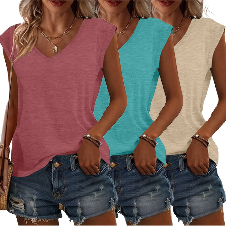 Veelzijdige dames t-shirt set, 3-delig met mouwloos en V-hals design, basiskleding voor elke vrouw.