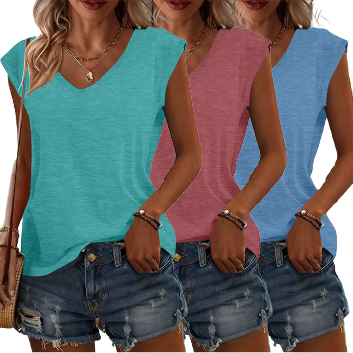 Comfortabele casual dames zomertop set met mouwloos en V-hals shirt, perfect voor warme dagen.