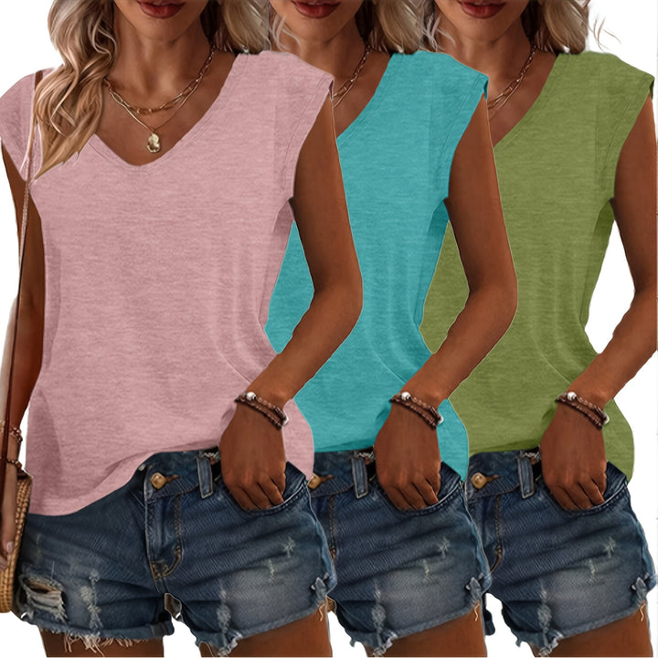 Elegante dames mouwloze zomertop met diepe V-hals, onderdeel van een stijlvolle 3-delige set.