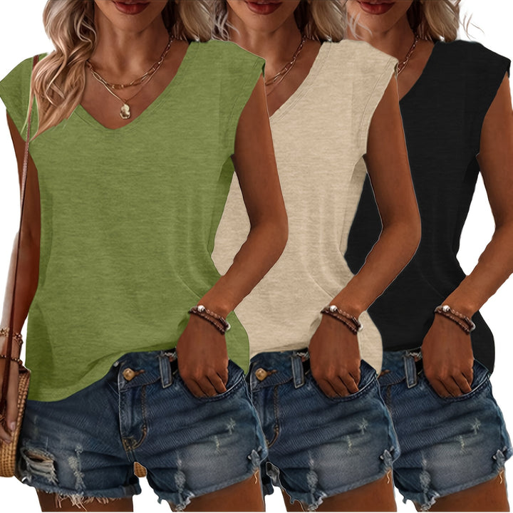 Dames 3-delige V-hals t-shirt set met mouwloze tops in diverse kleuren, perfecte basiskleding.
