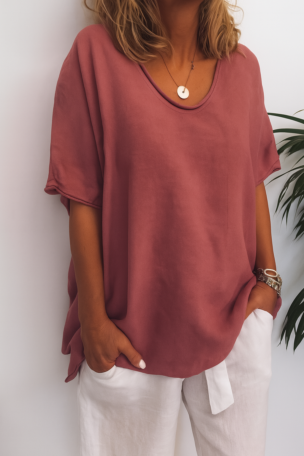 Losvallend dames shirt met ronde hals. Zomers, comfortabel en modieus. Essentieel voor elke garderobe.