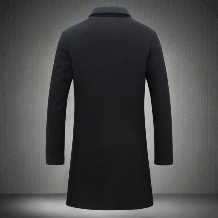 Detail van de zachte, hoogwaardige wollen stof van deze klassieke heren winterjas, ideaal voor warmte en comfort.