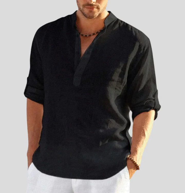 Detail van de luchtige stof van dit heren zomeroverhemd met korte mouwen. Comfortabel.