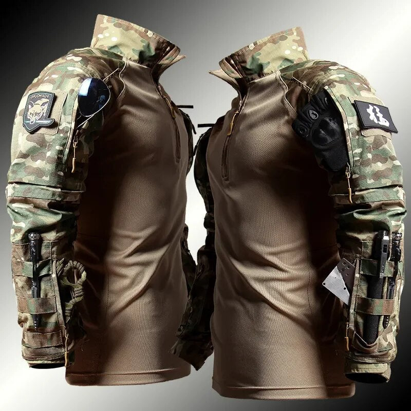 Duurzame heren combat kleding set: camouflage tactisch shirt & broek. Sterke outdoor outfit voor avontuur en training.
