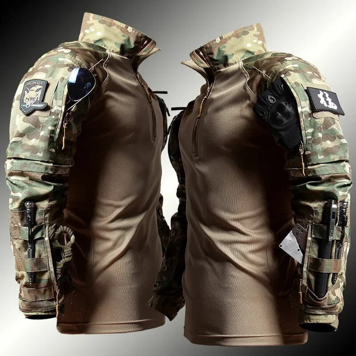 Duurzame heren combat kleding set: camouflage tactisch shirt & broek. Sterke outdoor outfit voor avontuur en training.