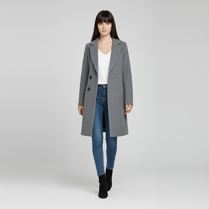 Dames getailleerde lange jas Kiara, elegante winterjas en stijlvolle mantel met kraag.