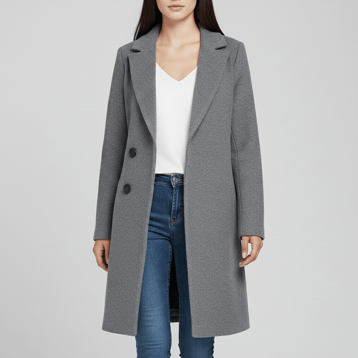 Luxe ogende Kiara getailleerde lange damesjas, stijlvolle bovenkleding met een verfijnde kraag.