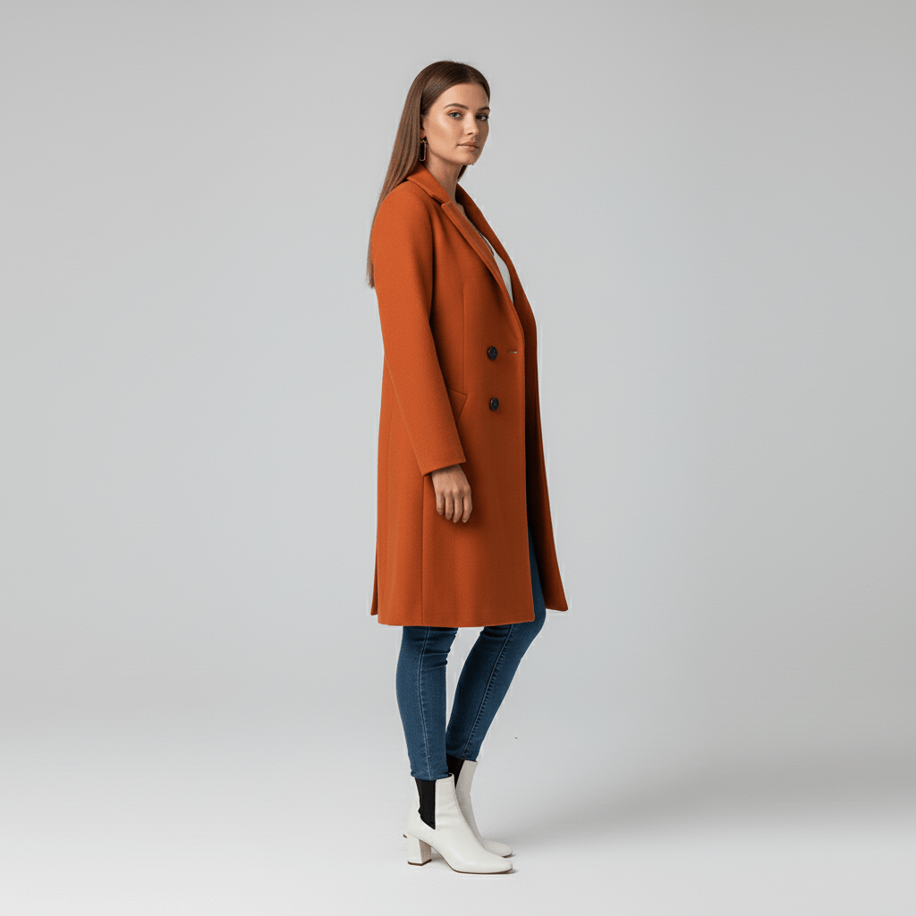 Stijlvolle lange damesjas Kiara, getailleerd voor een flatterend silhouet. Ideaal als mantel.
