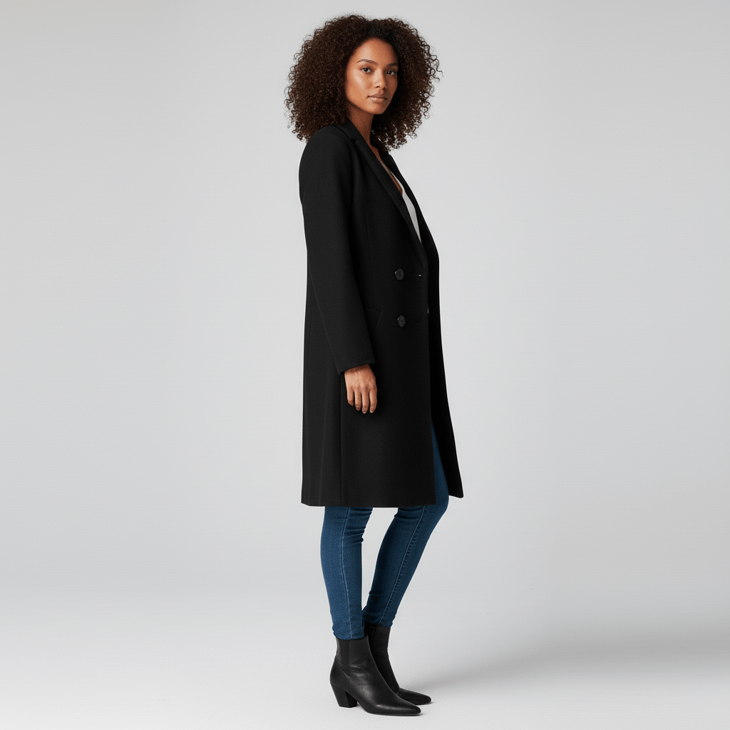 Chique lange damesjas Kiara, getailleerd model voor een moderne en elegante look.
