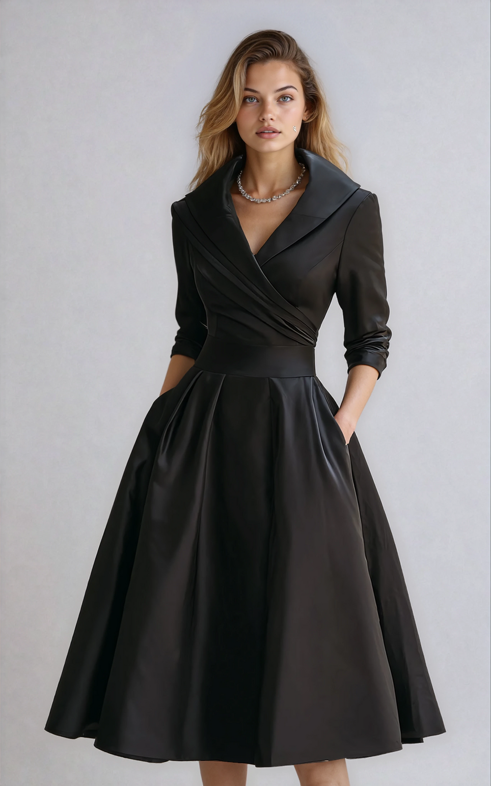 Elegante getailleerde midi jurk voor dames, ideaal als zakelijke jurk, feestjurk of comfortabele casual jurk.