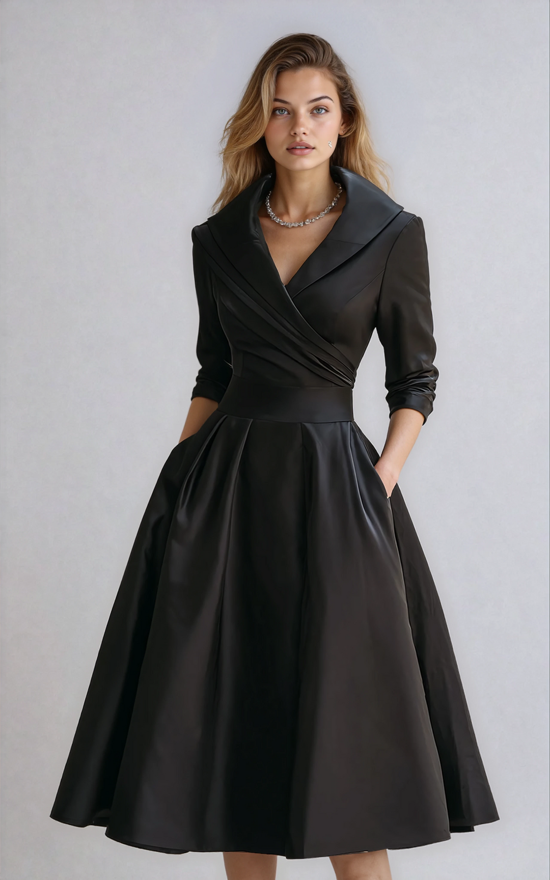 Elegante getailleerde midi jurk voor dames, ideaal als zakelijke jurk, feestjurk of comfortabele casual jurk.