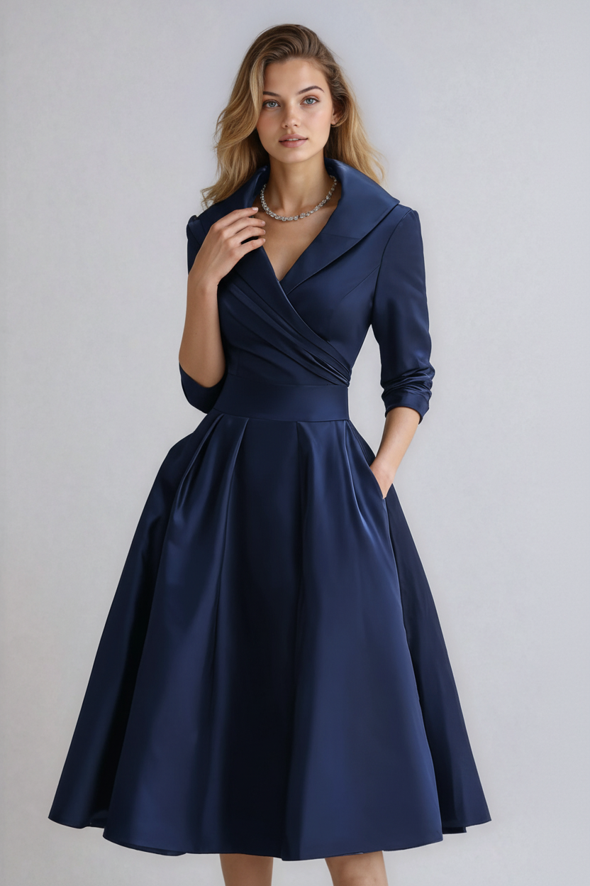 Klassieke dames midi jurk 'Emilie' met getailleerd design en driekwartmouwen; comfortabele lente- en zomerjurk.
