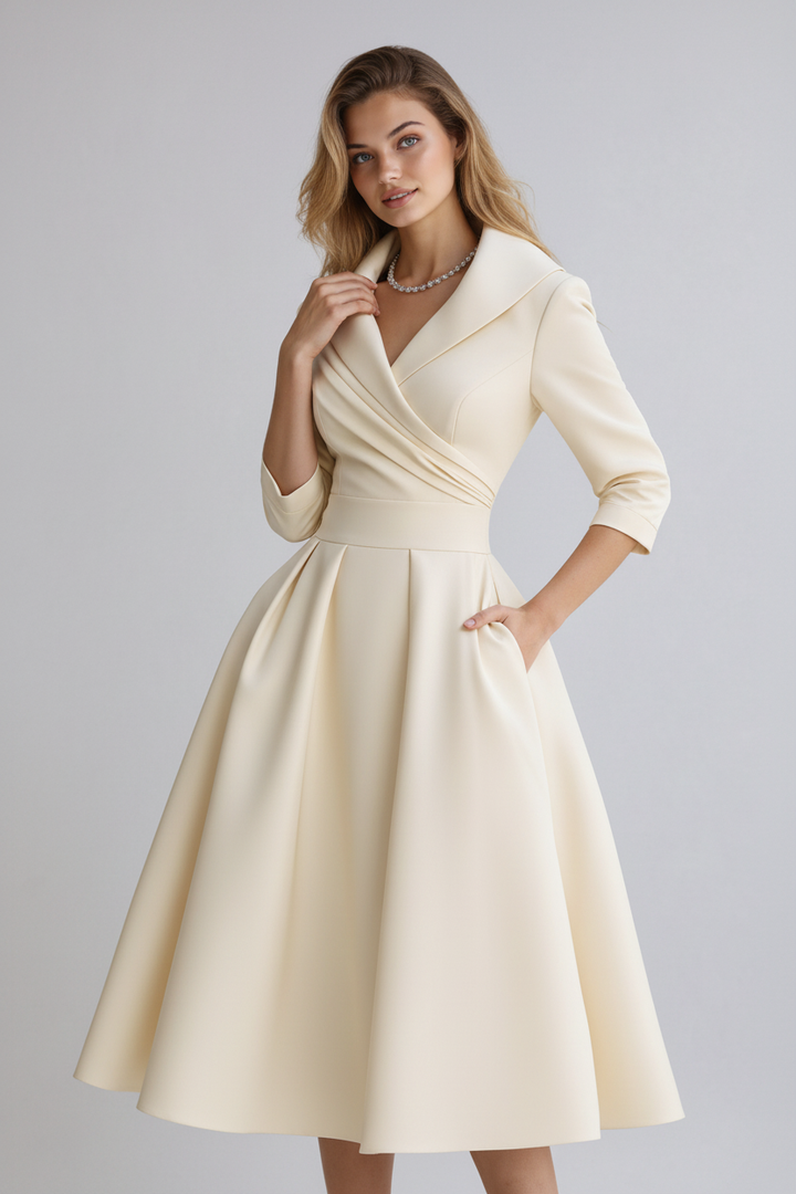 Vrouwen getailleerde midi jurk met driekwartmouwen, accentueert de taille; een comfortabele en stijlvolle keuze.