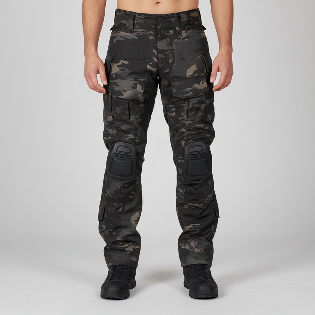 Robuuste camouflage heren tactische broek, perfect voor outdoor en werk met kniebeschermers.