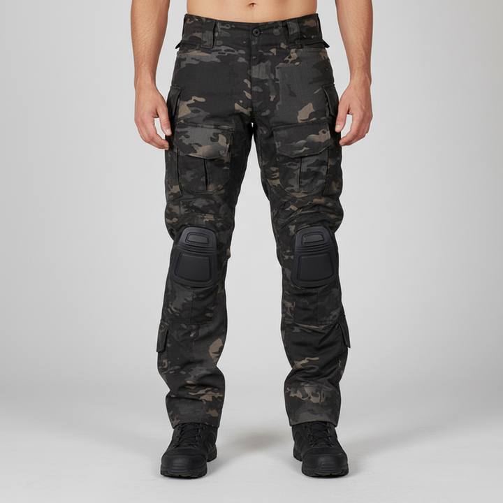 Robuuste camouflage heren tactische broek, perfect voor outdoor en werk met kniebeschermers.