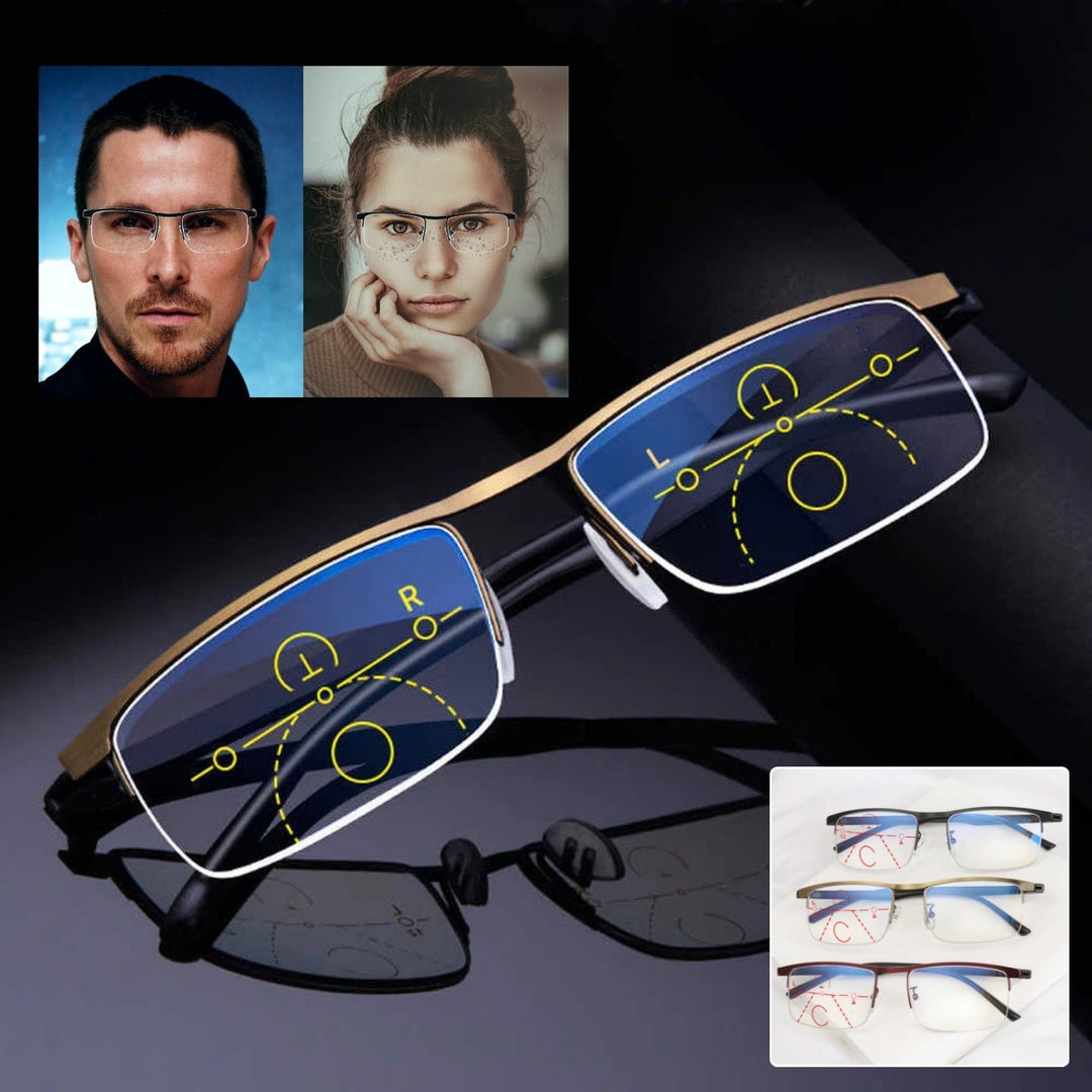 Gedetailleerde opname van intelligente multifocale leesbril, unisex, RVS montuur.