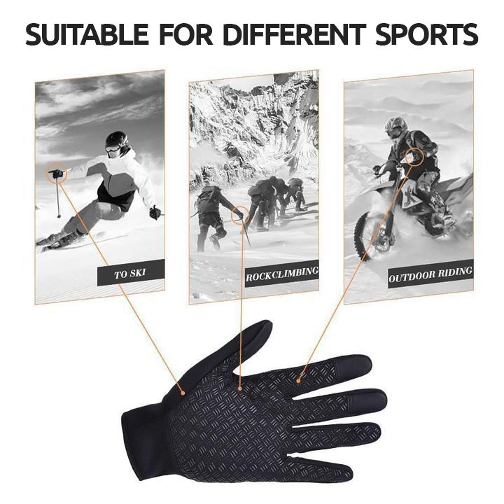 Zwarte winddichte en waterdichte handschoenen, thermisch gevoerd voor optimale warmte tijdens koude buitensporten.