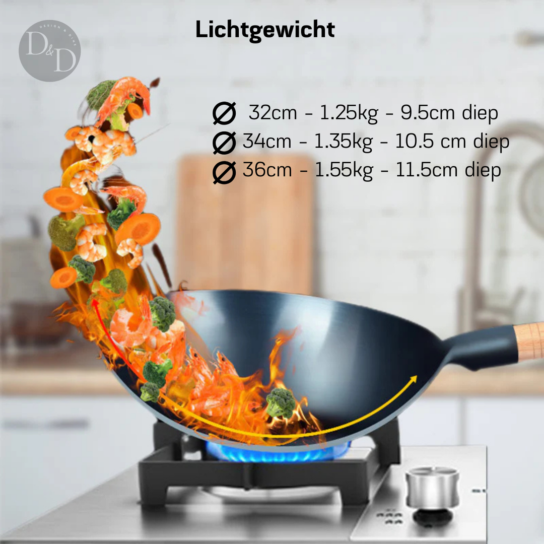 Hoge kwaliteit ijzeren wok (koolstofstaal) met effectieve anti-aanbakfunctie; perfect kookgerei.