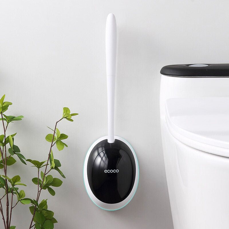 Zwarte siliconen toiletborstel, flexibel voor diepe reiniging, met discrete houder.