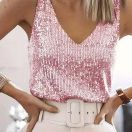 Feestelijke dames V-hals glitter top, mouwloos, een stijlvolle keuze voor elke speciale gelegenheid.