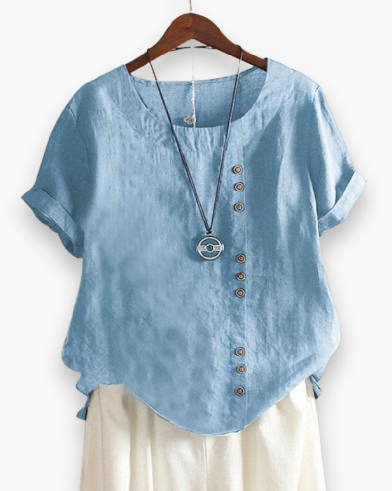Casual zomerblouse voor dames, luchtig en stijlvol, met een relaxte pasvorm voor warme zomerdagen.