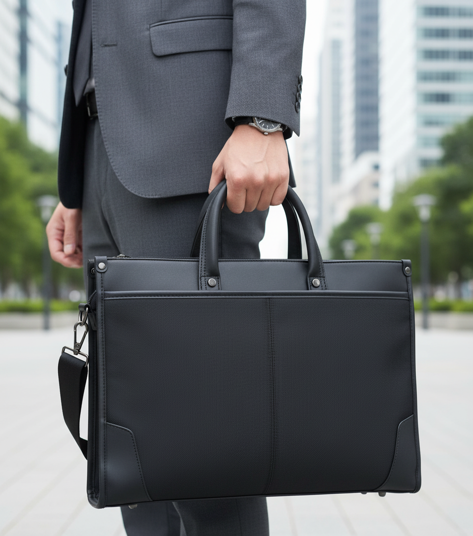Stijlvolle zwarte zakelijke documententas DocuCarry, perfect voor professionals, organiseert laptops en documenten.