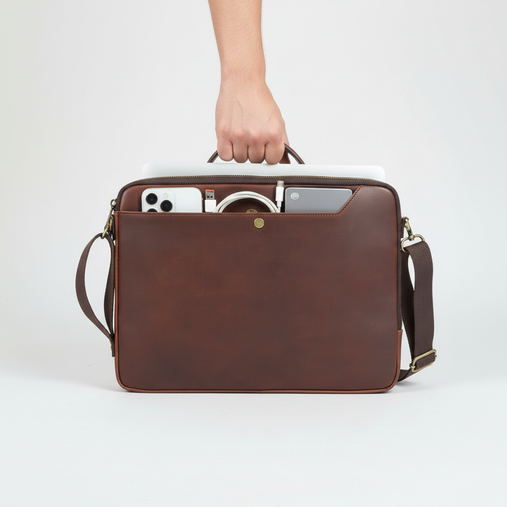 Veelzijdige leren aktetas/messenger bag voor laptops. Chique zakelijke tas voor dames en heren, perfect voor werk.