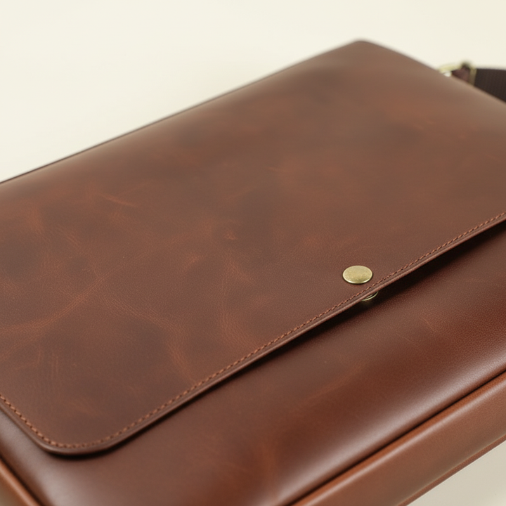 Beschermende, koffiebruine leren laptoptas voor zowel heren als dames. Stevige schoudertas voor dagelijks gebruik.