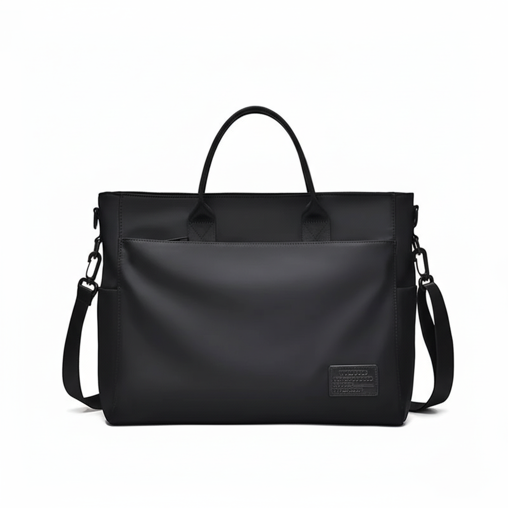 Zwarte laptoptas met aparte vakken voor laptop en documenten, perfect georganiseerd voor werk en studie.