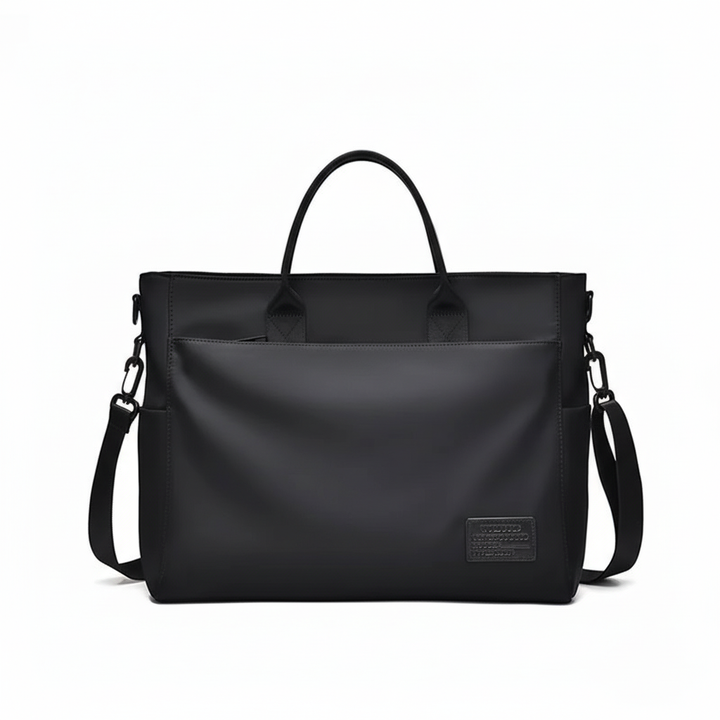 Zwarte laptoptas met aparte vakken voor laptop en documenten, perfect georganiseerd voor werk en studie.
