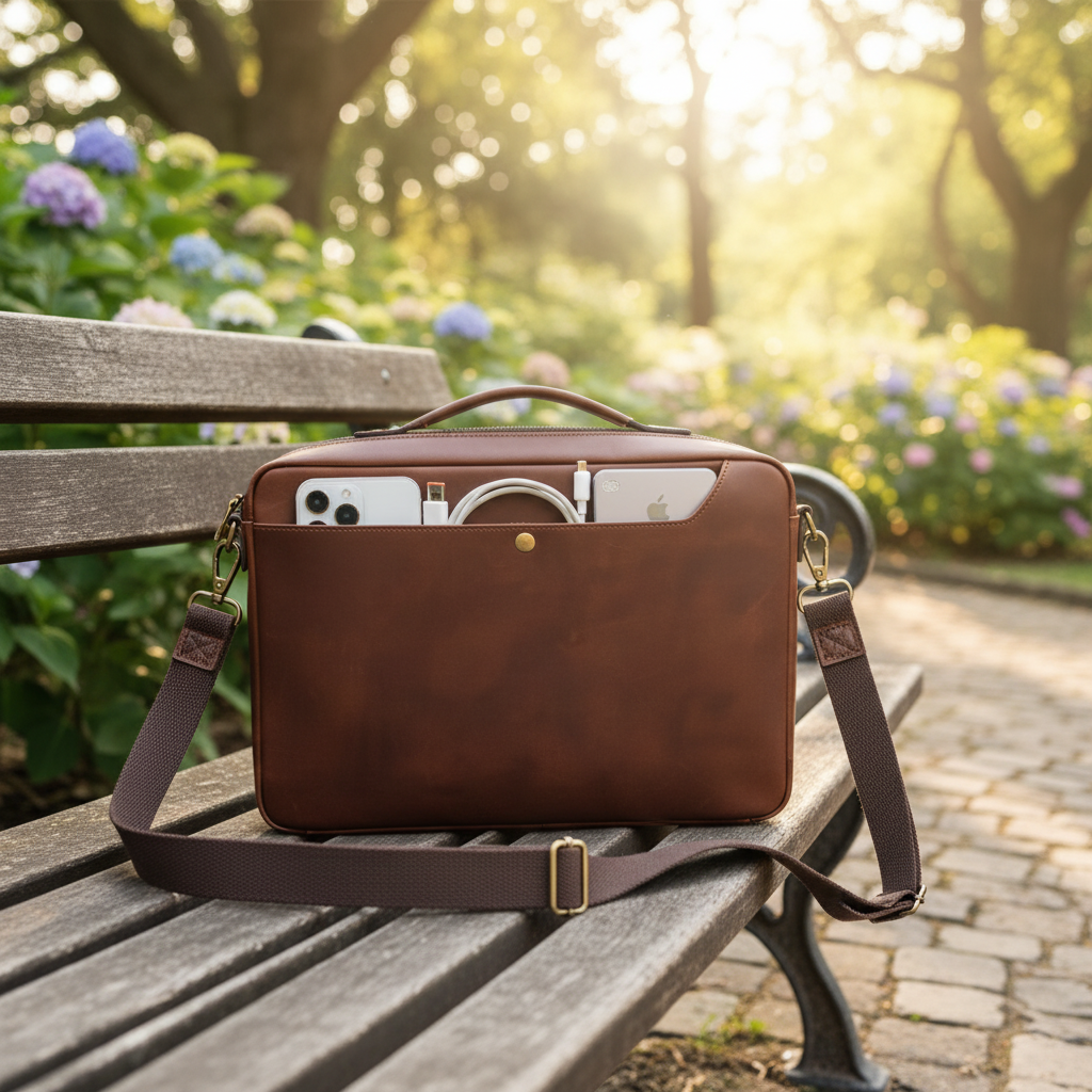 Leren unisex laptoptas voor professionals, elegant design, praktische schoudertas voor MacBook.