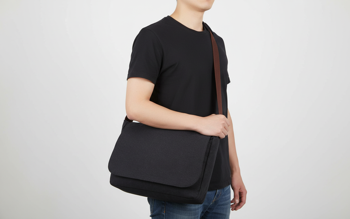 Stijlvolle zwarte messengerbag Canoza met georganiseerde vakken voor dagelijks gebruik en reizen.