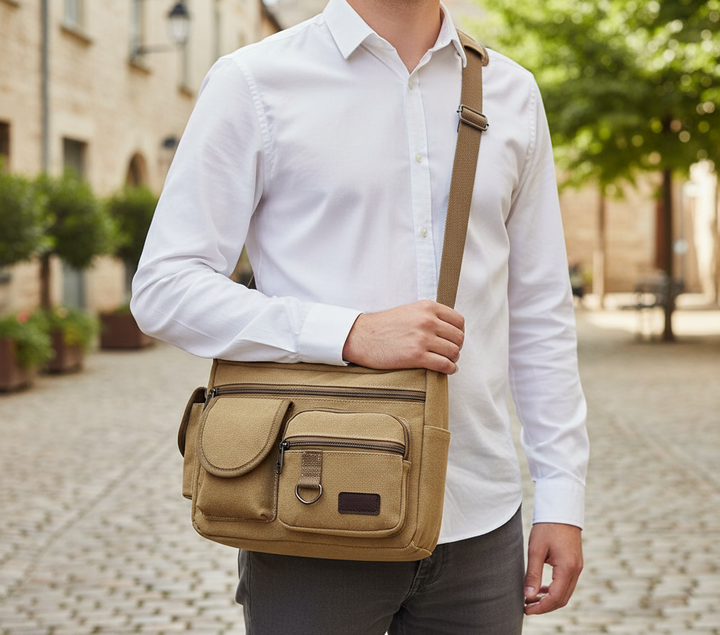 Khaki dames CarryAll schoudertas van duurzaam canvas, stijlvol en praktisch voor dagelijks gebruik of als werktas.