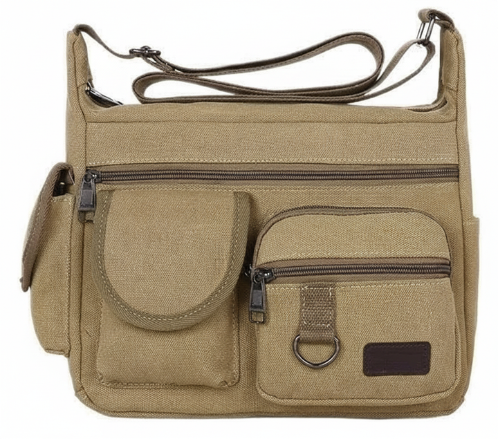 Stijlvolle khaki canvas schoudertas voor dames, ideaal als crossbody of messenger tas, perfect voor werk.
