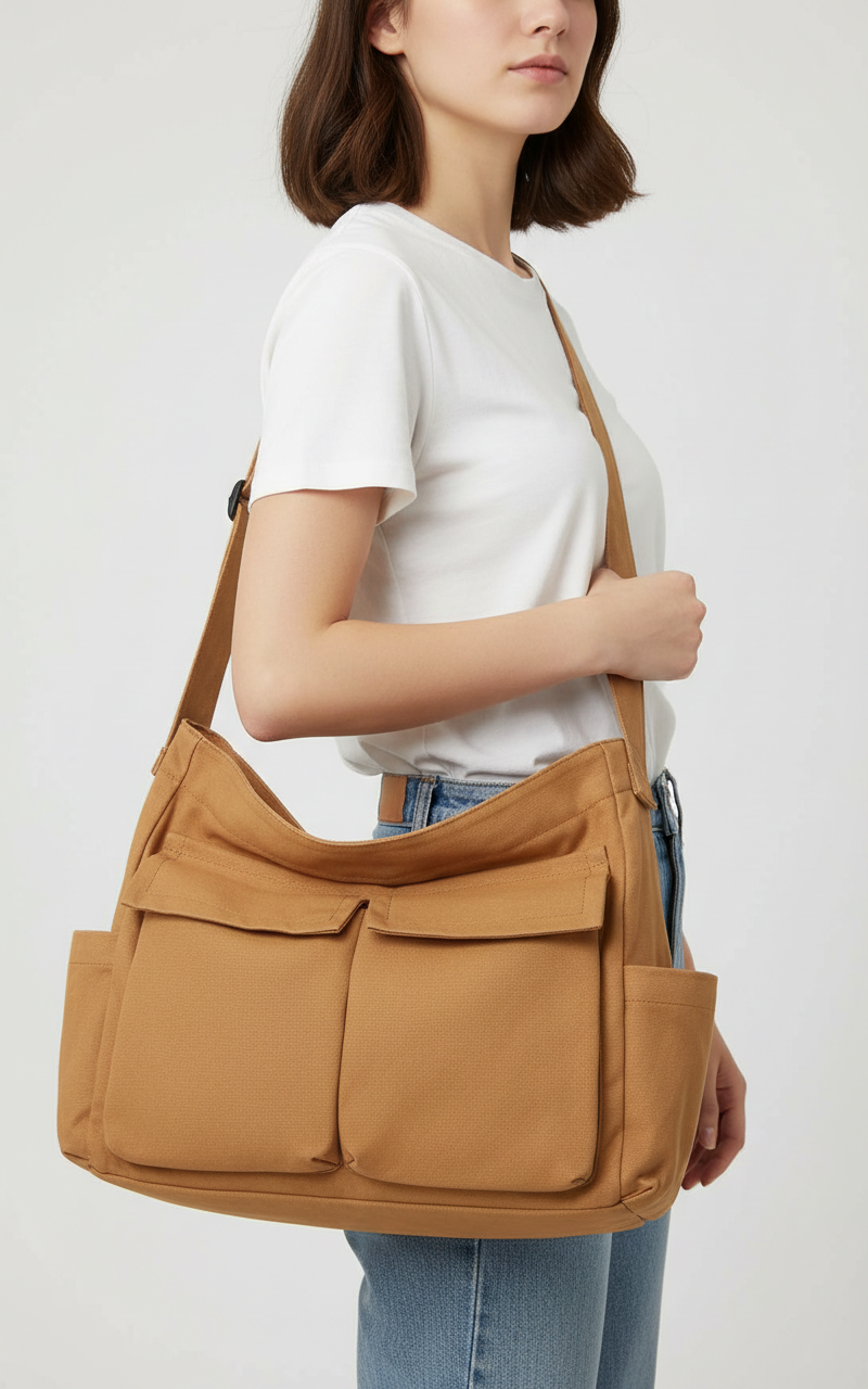 Detail van de verstelbare riem op een zwarte unisex schoudertas, perfect voor dagelijkse draagcomfort.