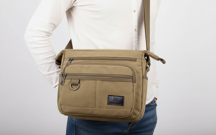 Slim ontworpen unisex schoudertas, perfect voor laptops en tablets, met RFID-bescherming voor extra veiligheid.