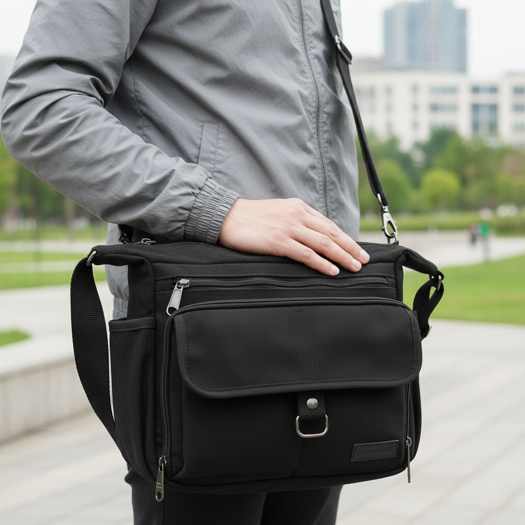 Unisex canvas schoudertas met RFID-bescherming, ideaal voor dagelijks gebruik en veilige opslag.