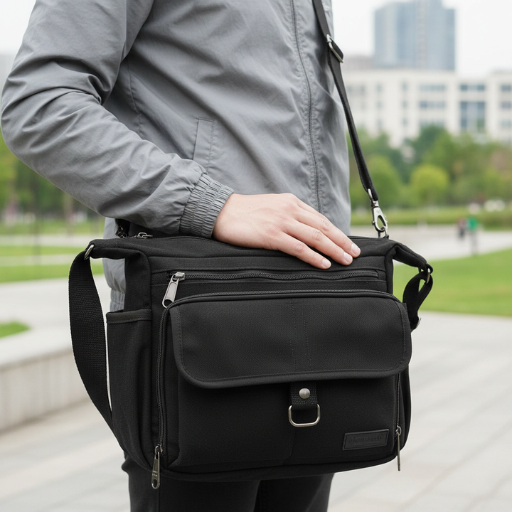 Unisex canvas schoudertas met RFID-bescherming, ideaal voor dagelijks gebruik en veilige opslag.