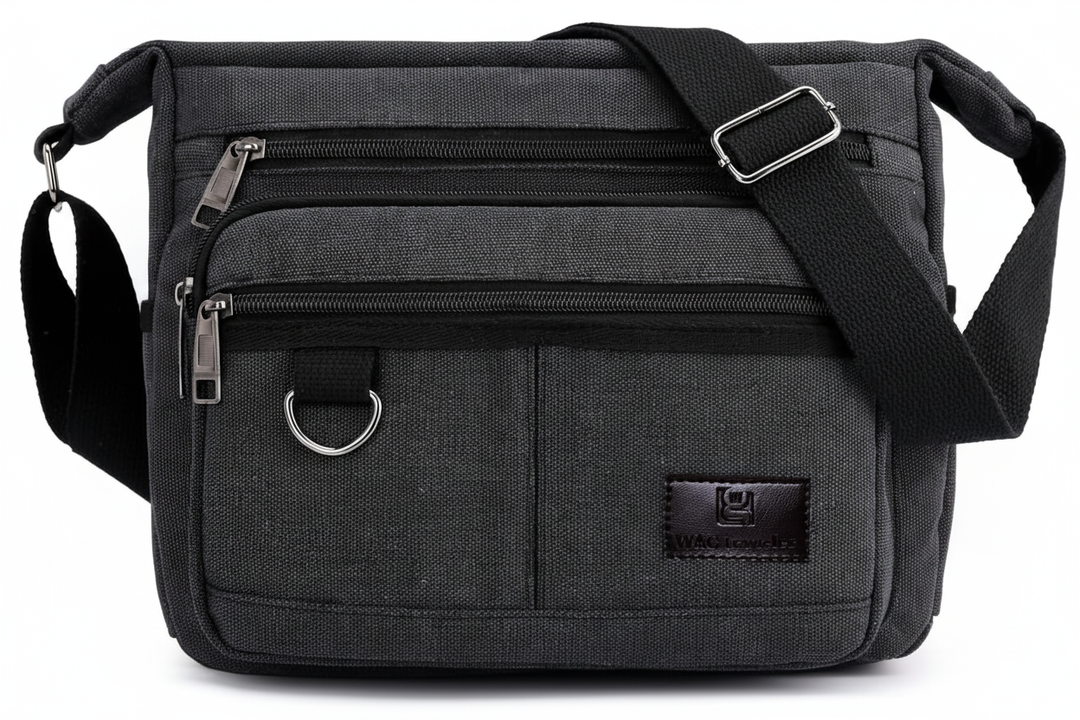 Duurzame unisex schoudertas met verstelbare riem, canvas materiaal en essentiële RFID-bescherming.