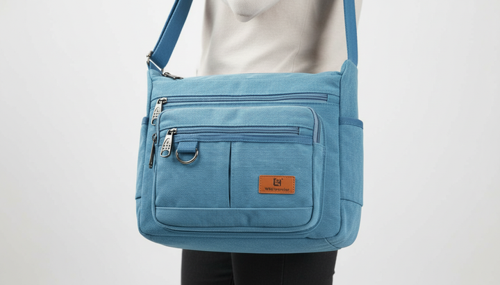 Compacte unisex schoudertas met meerdere vakken voor optimale organisatie en ingebouwde RFID-bescherming.
