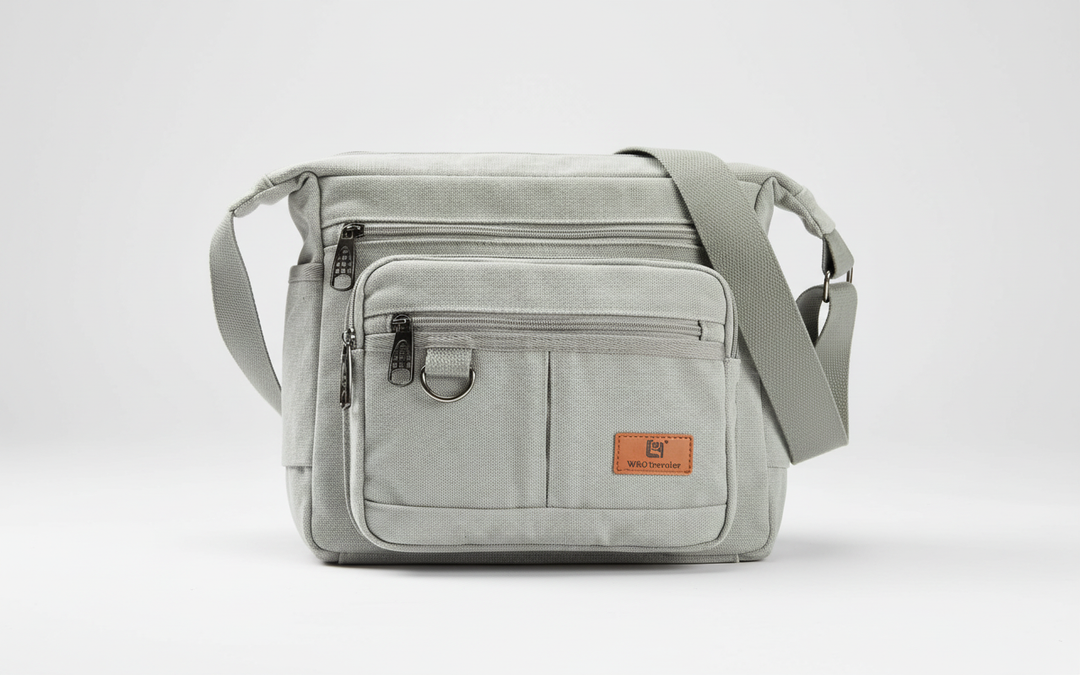 Man draagt comfortabele unisex messenger bag van canvas, met veilige RFID-bescherming voor persoonlijke items.
