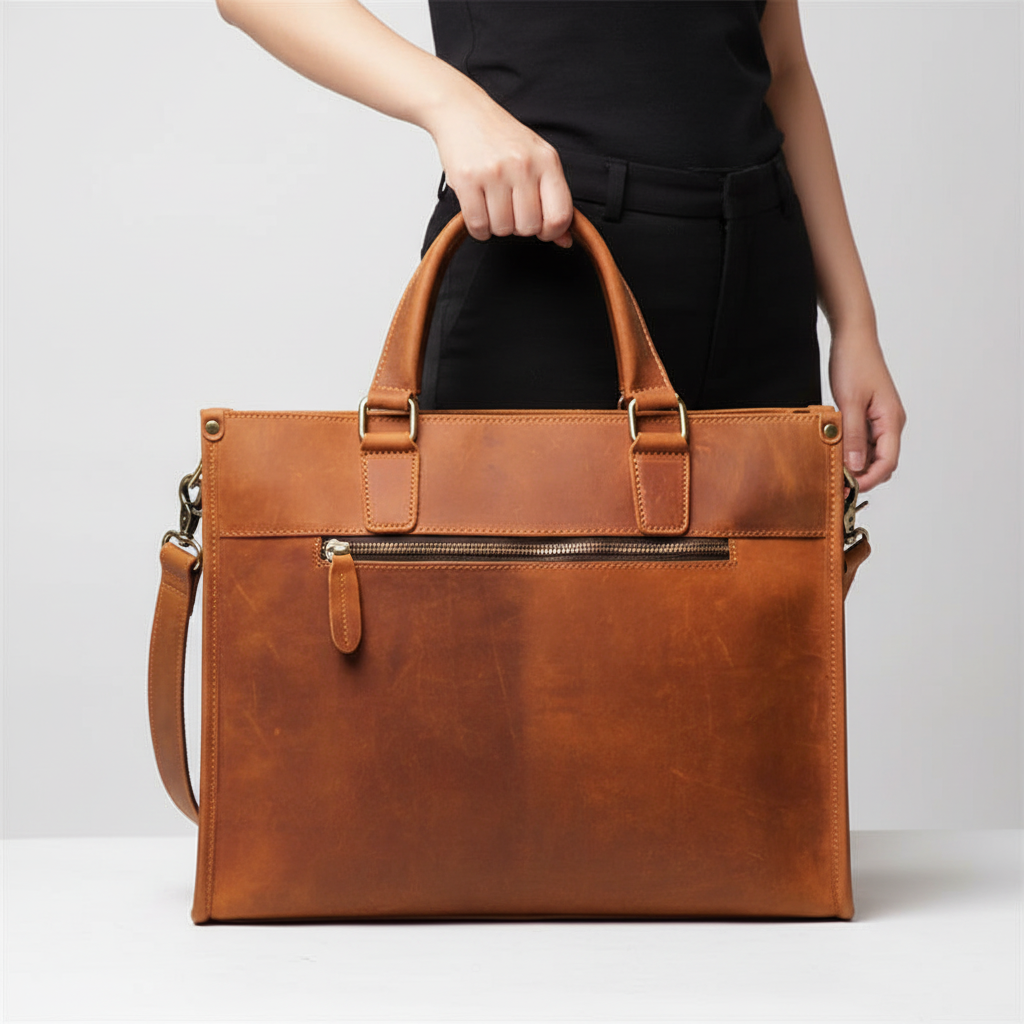 Praktische heren werktas: een bruine vintage lederen laptoptas van VintageSkin, ideaal voor organisatie.