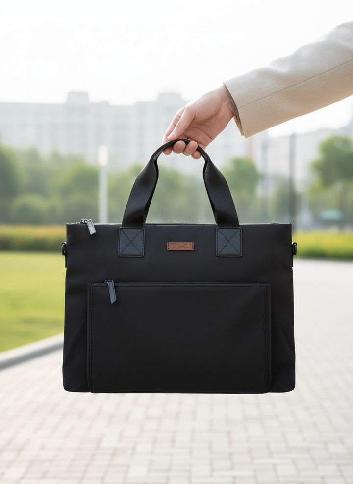 Unisex laptoptas in grijs/zwart, stijlvol en ruim voor werk en reizen.